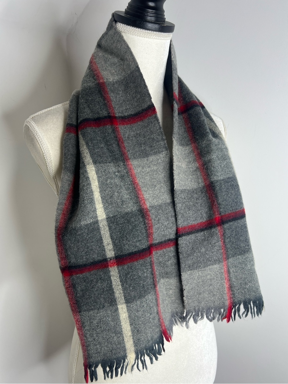 Vintage Sears 100% Wool Plaid Scarf Made in Germany Gray Red Fringe